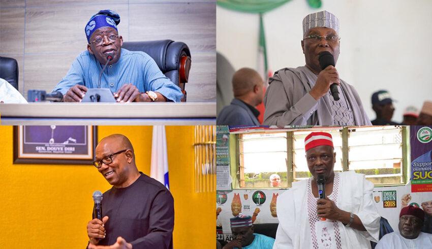 Les principaux candidats à la présidence au Nigeria 2023 : Bola Tinubu, Atiku Abubakar, Kwankwaso, Peter Obi (dans le sens des aiguilles d'une montre à partir du haut à gauche).
