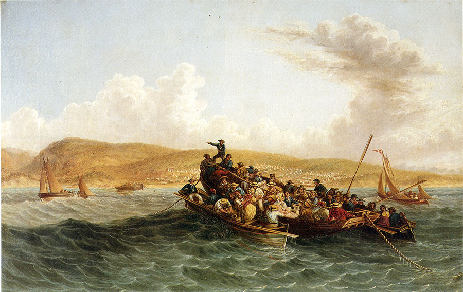 Les colons britanniques de 1820 débarquant dans la baie d'Algoa , une œuvre de 1853 de Thomas Baines.