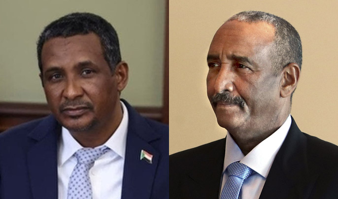 Les hommes en costume sont de retour dans leurs treillis de combat : Image composite du chef des Forces de soutien rapide, le général Mohamed Hamdan Dagalo, Hemedti', et le lieutenant-général Abdel Fattah al-Burhan, qui dirige le Soudan depuis 2019. Courtesy Wikicommons, et crédit pour Hemedti photo (Fédération de Russie) et Burhan (gouvernement d'Azerbaïdjan).
