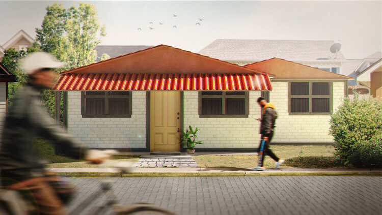 Rendu d'une maison Kubik, fabriquée à partir de plastique recyclé.  Crédit : Kubik.