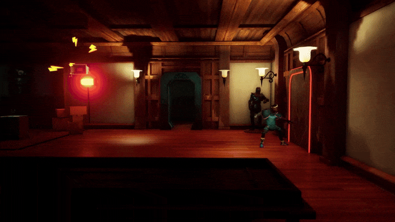 Une scène de «Reloot» dans un GIF, où le joueur court à travers les murs et évite les coups de feu