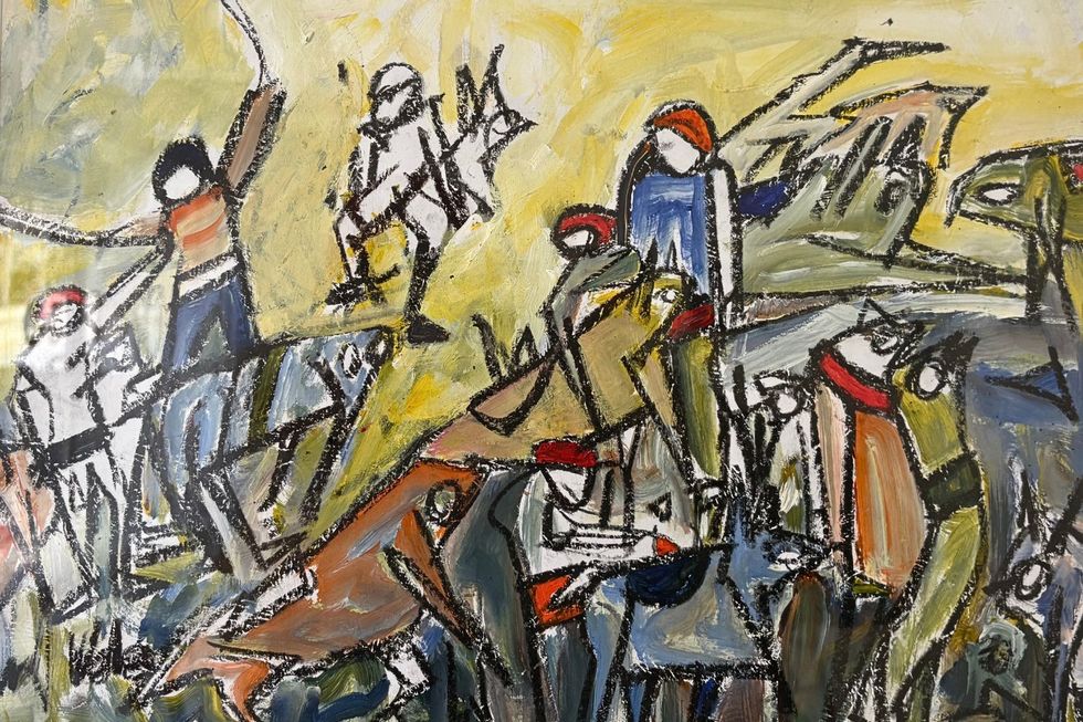 Une œuvre d'art mettant en vedette des figures colorées mais sans visage.