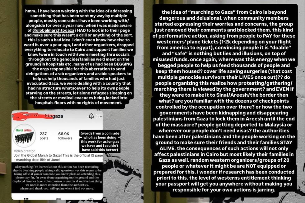 Captures d'écran d'une publication Instagram qui a écrit en police blanche sur un fond vert et gris, critiquant la marche à Gaza.
