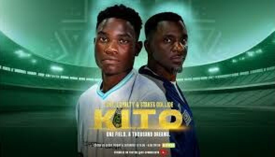 Affiche promotionnelle pour le drame de football kenyan Kito, mettant en vedette deux hommes principaux en maillot de football debout sur fond de stade.