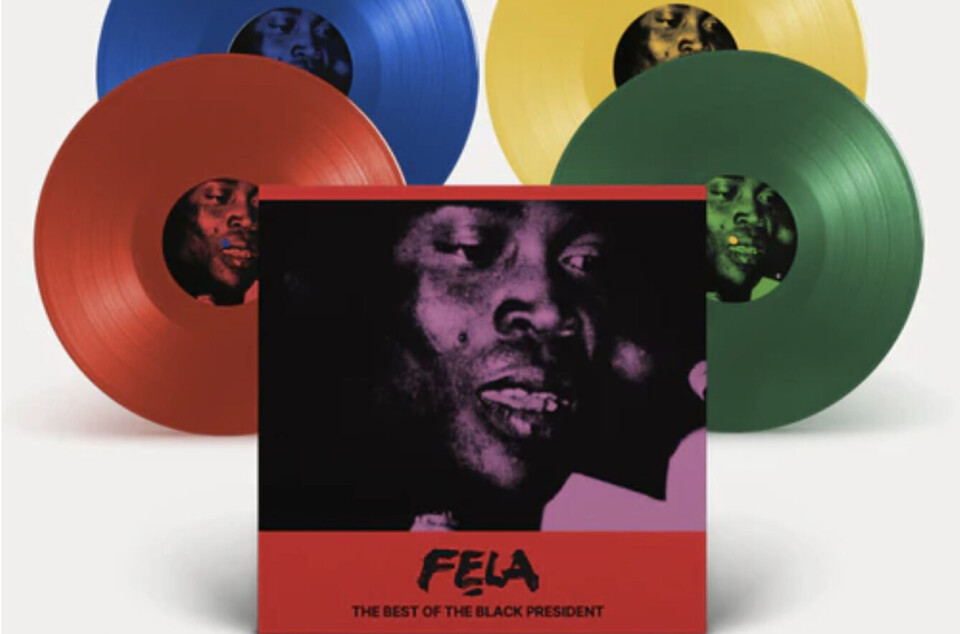 Pour les amateurs de vinyle, The Best of the Black President célèbre la musique et l'héritage révolutionnaires de Fela Kuti. Coffret en vinyle coloré de The Best of the Black President de Fela Kuti, comprenant quatre disques en rouge, bleu, jaune et vert, avec une couverture montrant une image en gros plan du visage de Fela Kuti.