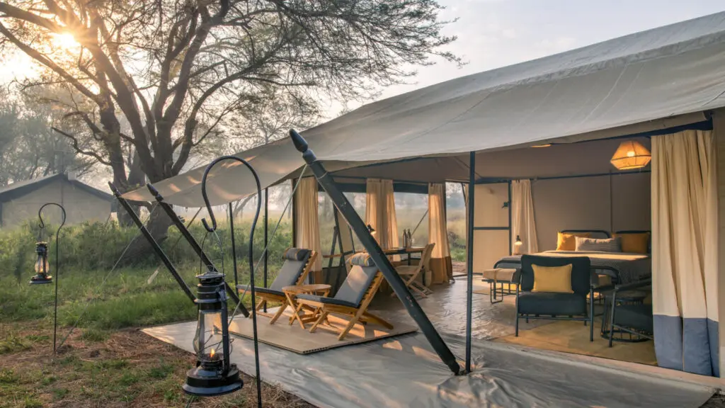 La terrasse d'une tente d'invité au camp de migration Ubuntu