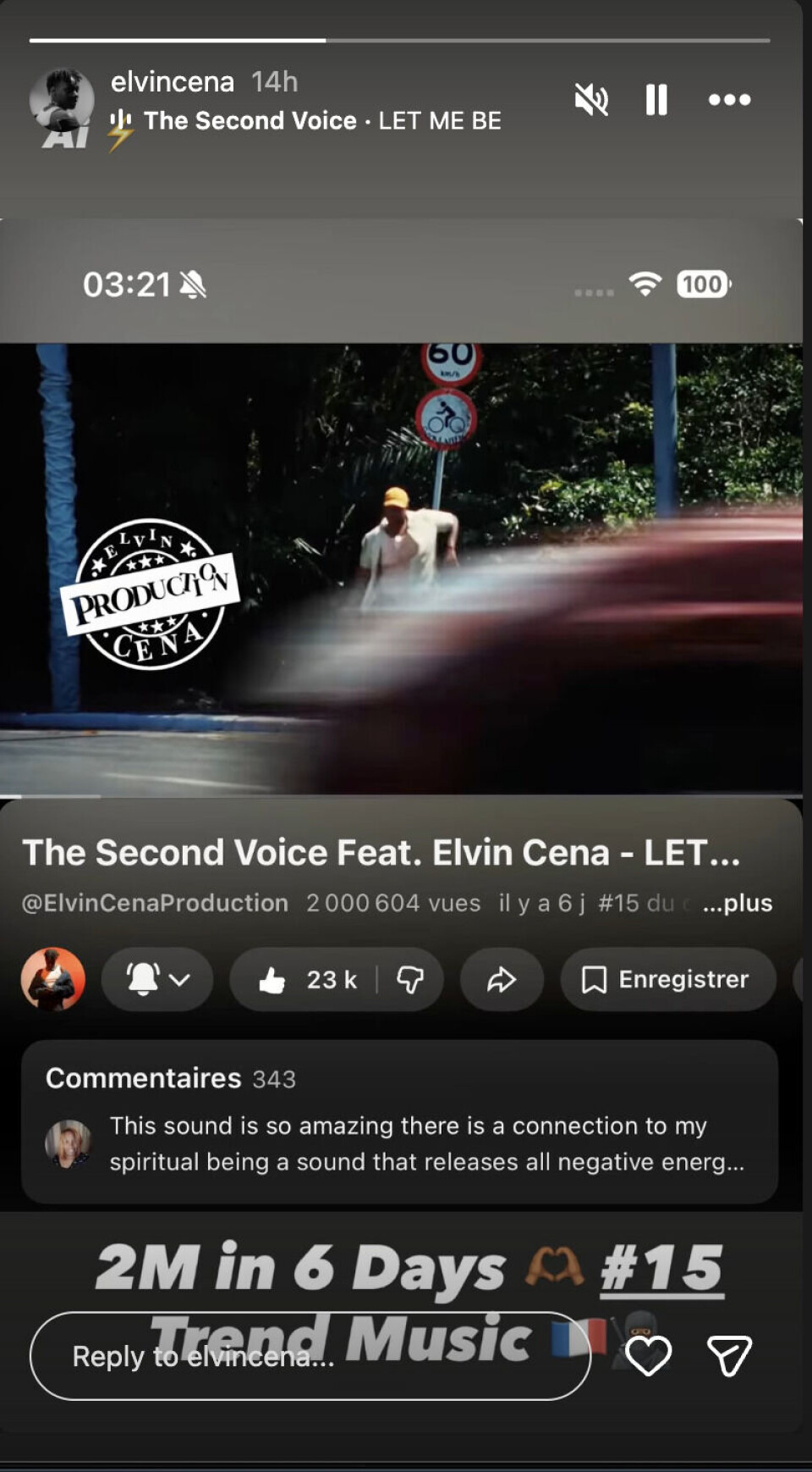 Capture d'écran des histoires Instagram d'Elvin Cena