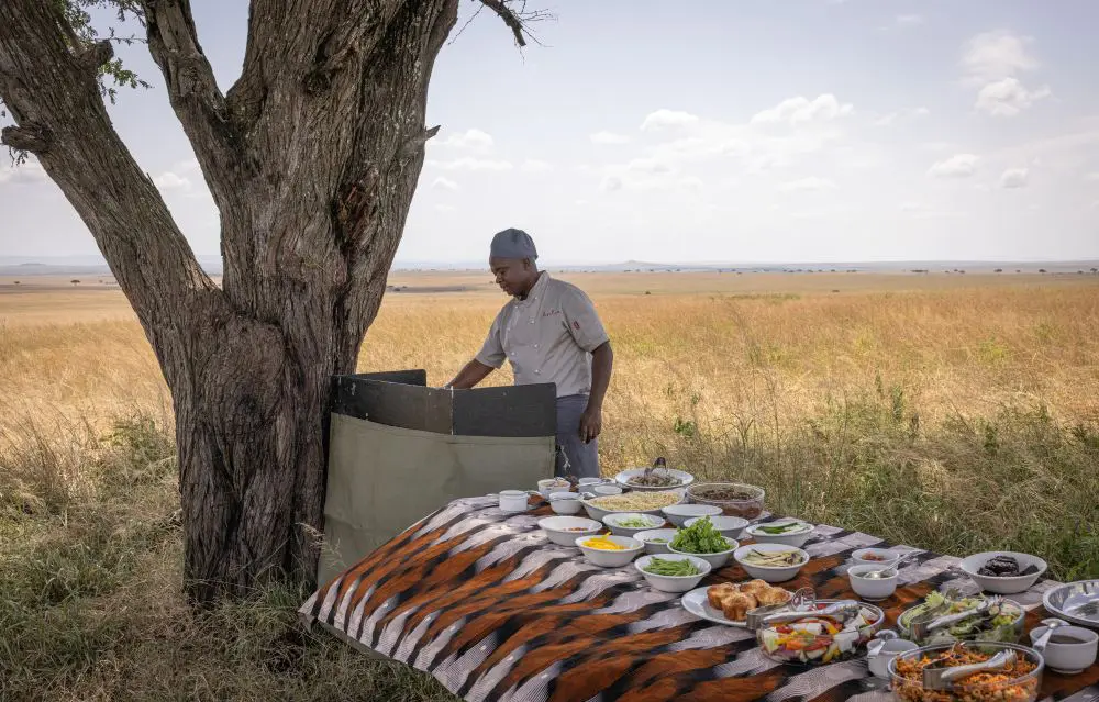 Un chef prépare un déjeuner dans la brousse, dans le nord du Serengeti, en Tanzanie.