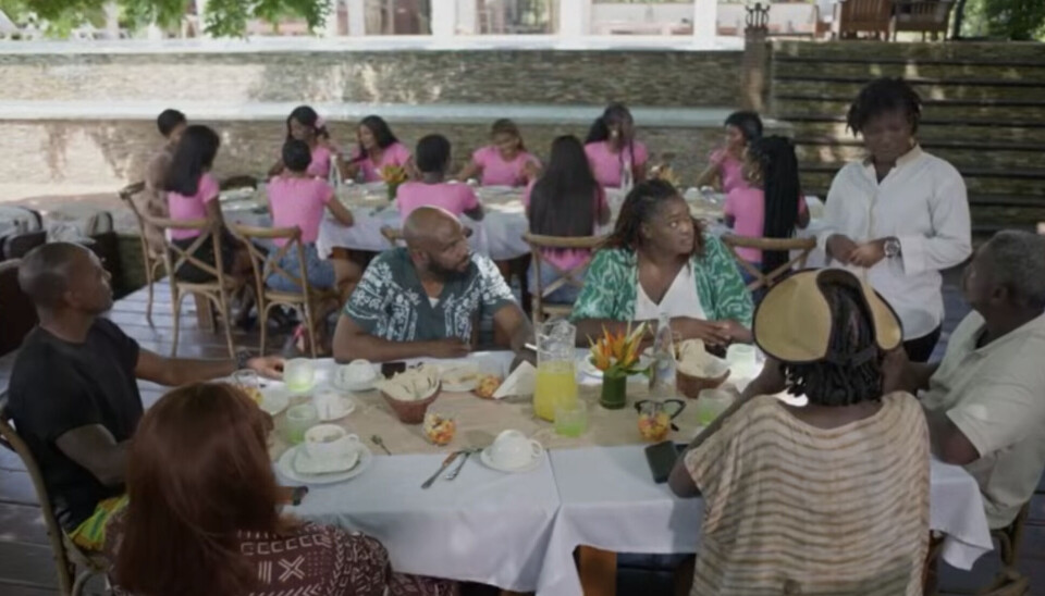 Groupe de personnes assises à une table ronde sous un pavillon lors d’un repas en plein air.