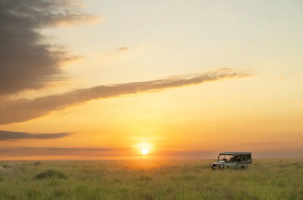 Un véhicule solitaire dans les plaines au coucher du soleil, Mara Naboisho Conservancy, Kenya