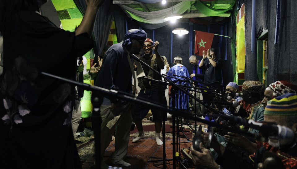 Plusieurs personnes dansent devant une file de musiciens assis par terre, jouant du qraqeb et du guembri aux micros.