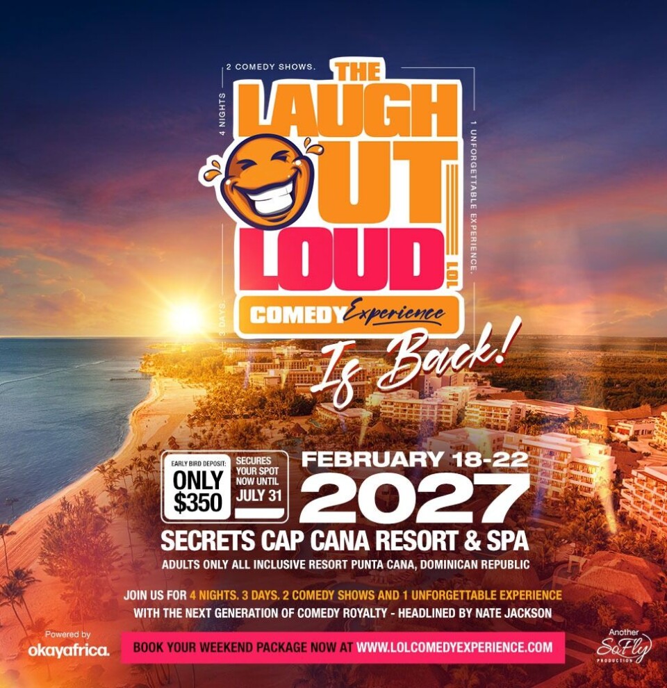 Affiche promotionnelle avec vue sur l'océan au coucher du soleil, bateau de croisière et texte en gras pour The Laugh Out Loud Comedy Experience.