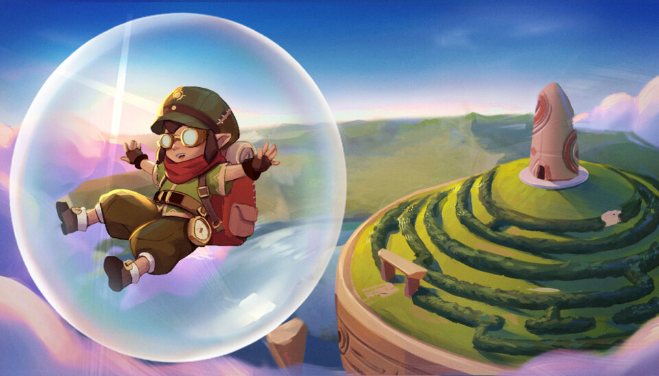 Astronaute de dessin animé flottant dans une bulle claire au-dessus d'une colline verte en terrasses avec une tour sur un monticule lointain.