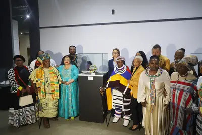International reach: Gogo Esther Mnguni and Australian High Commissioner to South Africa Tegan Brink. Thevplanned journey of Mnguni’s work between South Africa and Australia will extend that relationship through art as well as sport. Photo: Supplied