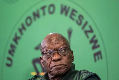 Former South African President and uMkhonto weSizwe (MK) party leader Jacob Zuma looks on during a press conference in Sandton, Johannesburg on August 22, 2024. (Photo by EMMANUEL CROSET / AFP)
