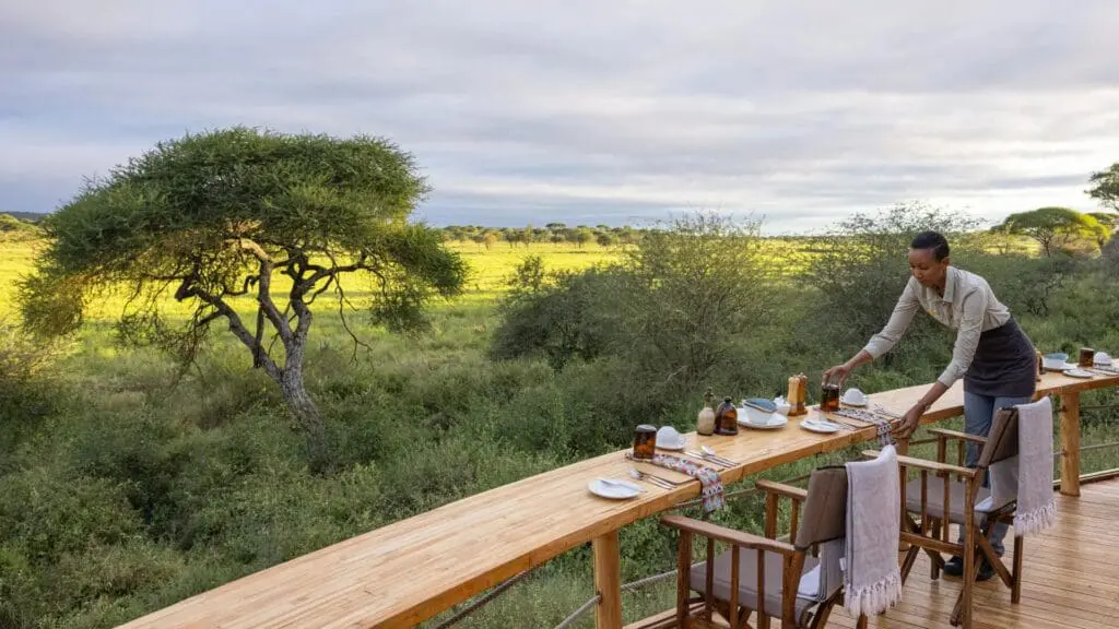 Un membre du personnel d'Asilia dresse une table de petit-déjeuner sur une terrasse en bois surélevée, avec des chaises disposées le long du bord et une vue imprenable sur le parc national de Tarangire et les acacias au-delà.